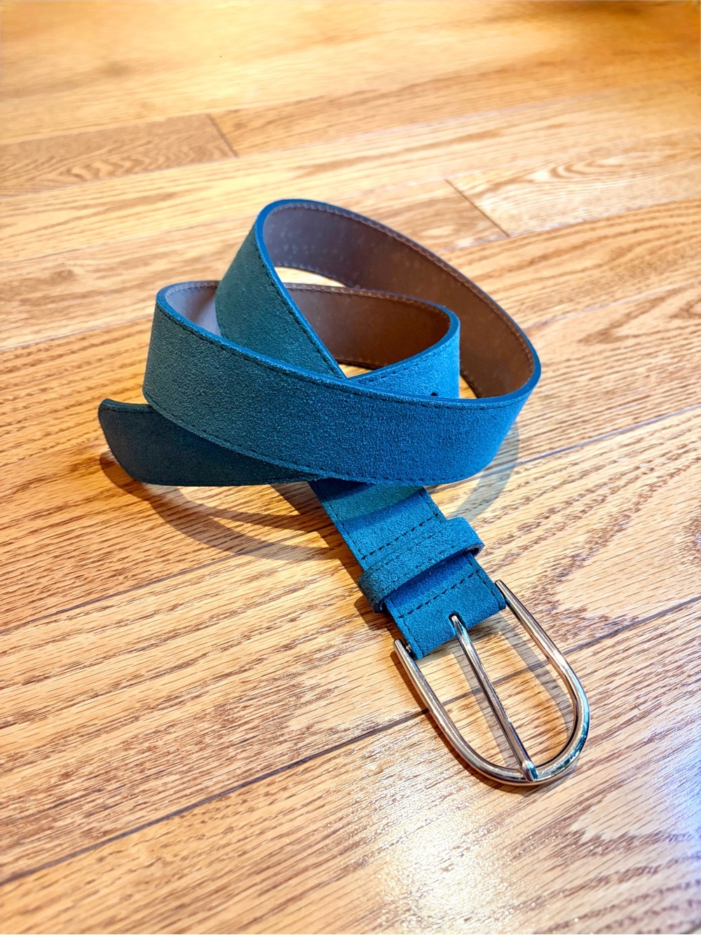 Teal Suede Belt Leather Backing Nickel Buckle